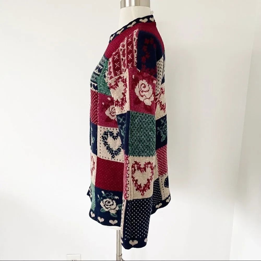 Vintage Crewneck Pullover Knit Sweater Floral Heart Patches Women Size XS Small - Picture 4 of 7